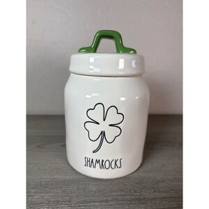Rae Dunn Shamrocks Ceramic Canister St Patricks Day Clover White Green Jar